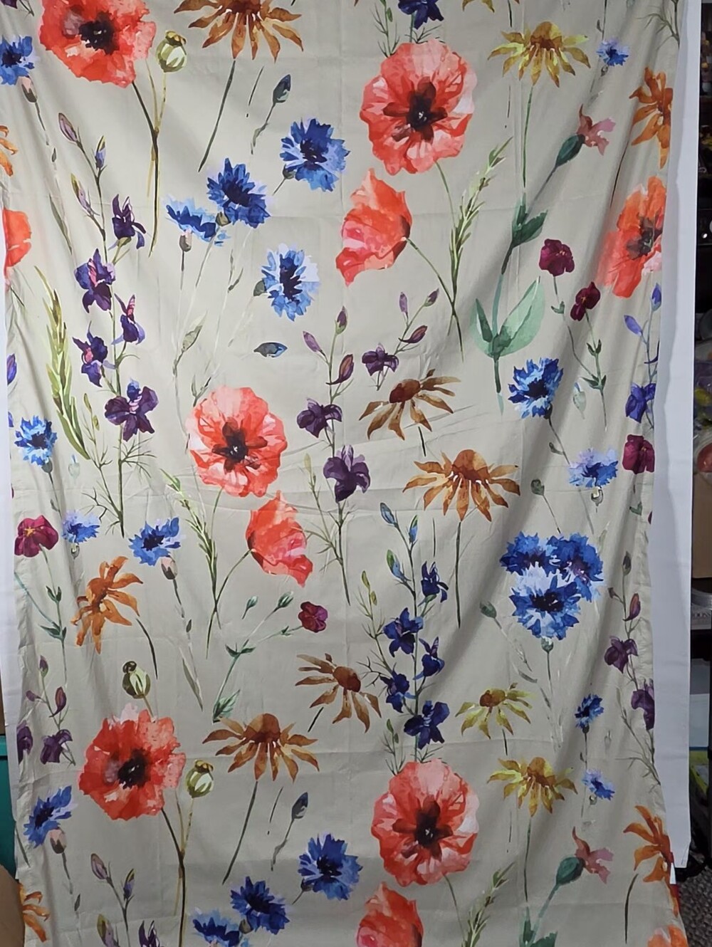 Floral Watercolor Poplin Curtains - Coral, Blue & Purple‎ Blooms 2 Panels